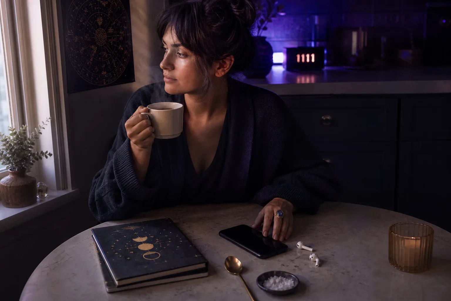 Woman listening beside a quiet morning kitchen table
