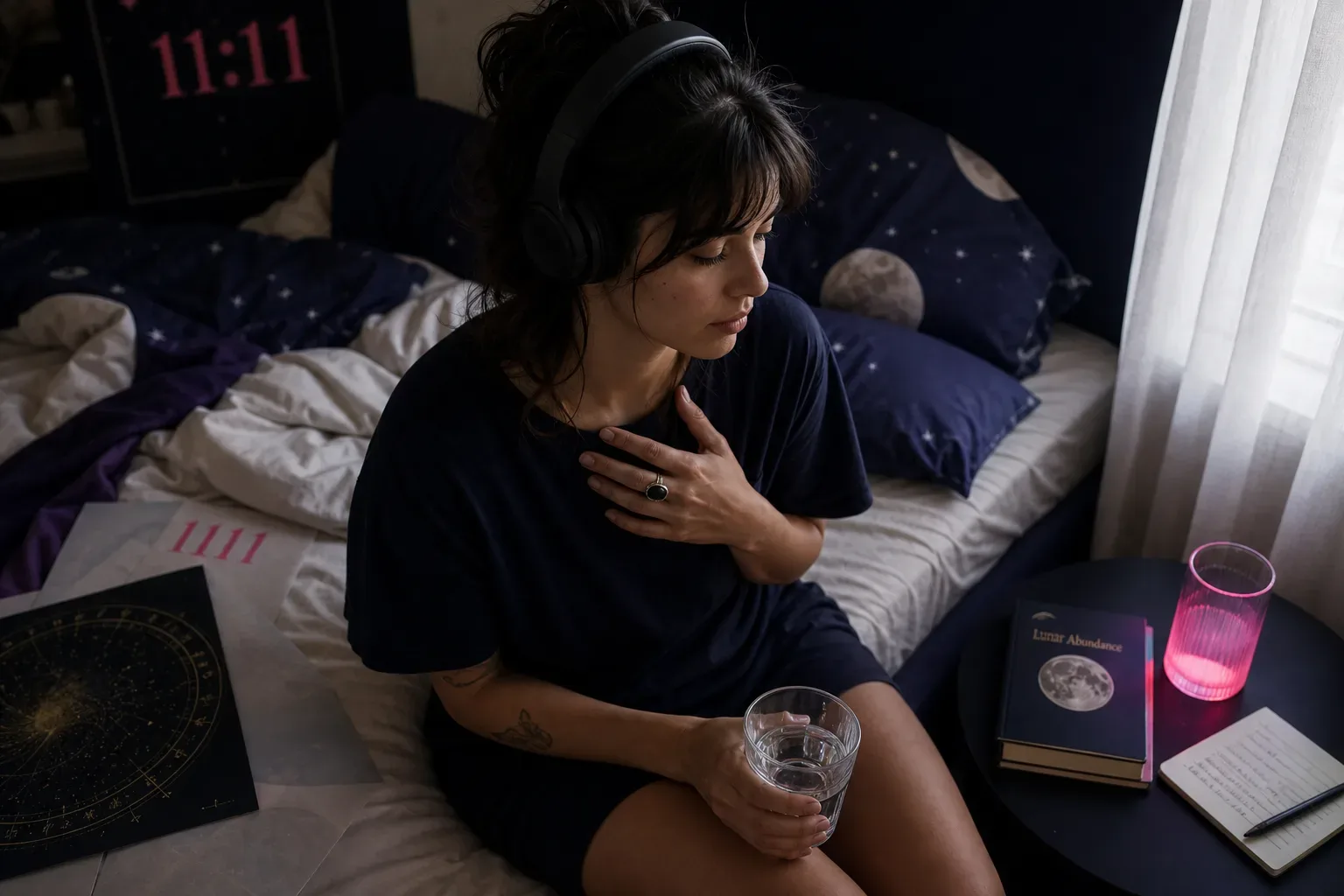 Person resting with headphones in soft morning light