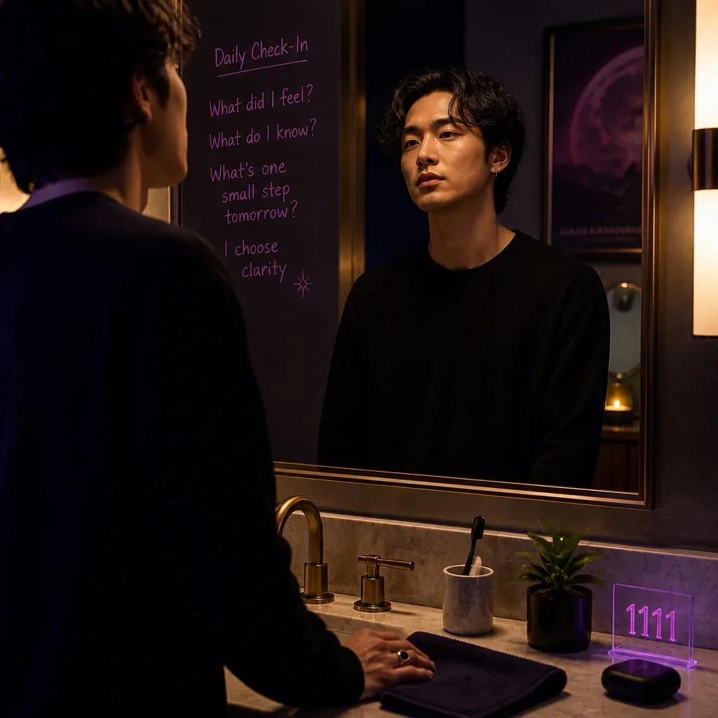Person at bathroom mirror after listening to audio