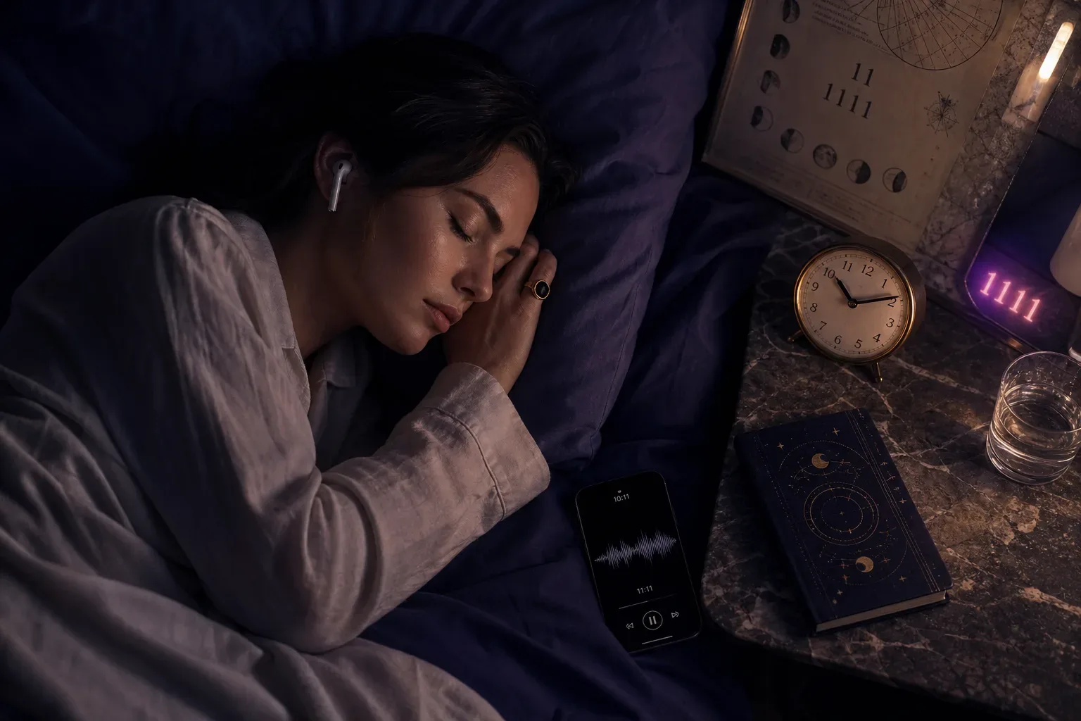 Woman listening to audio beside a dim bedside lamp