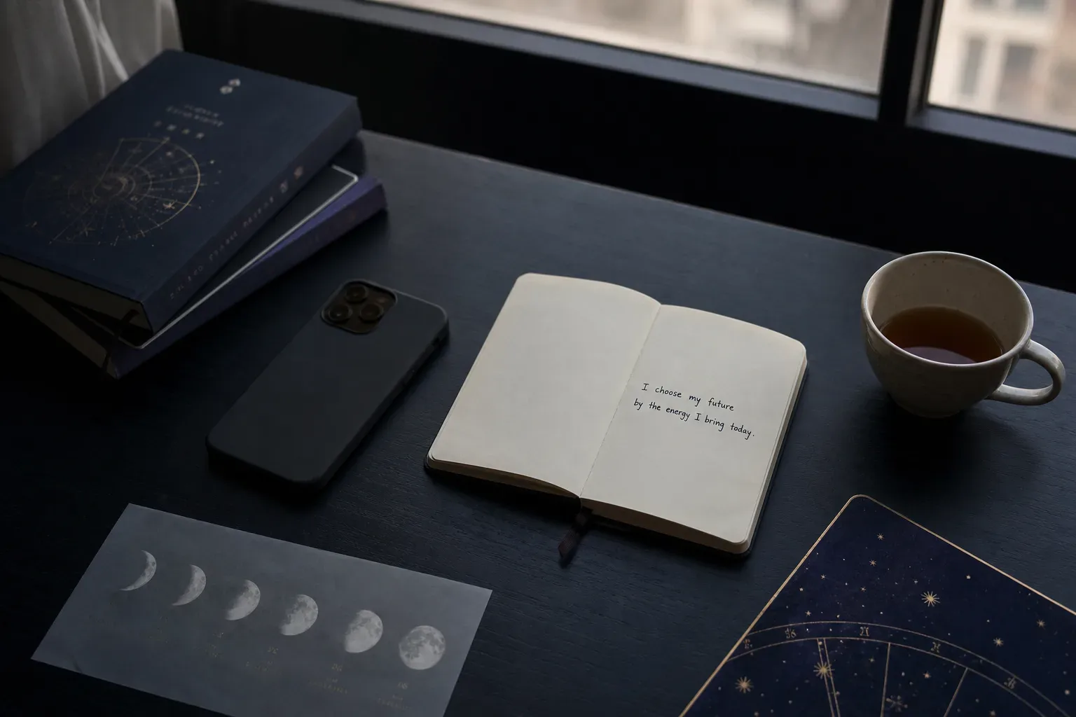 Phone and journal beside a quiet morning window