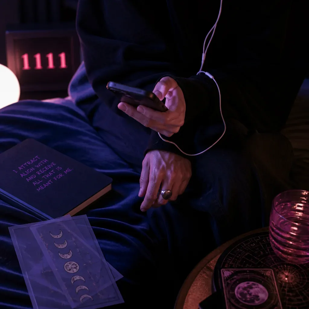 Person listening to future-self audio beside a notebook