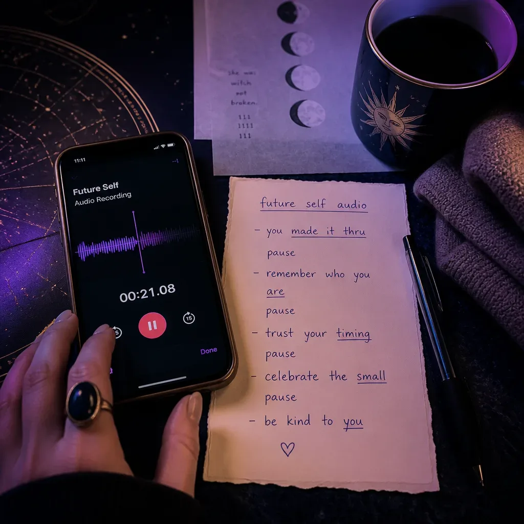 Phone recording future-self audio beside handwritten notes