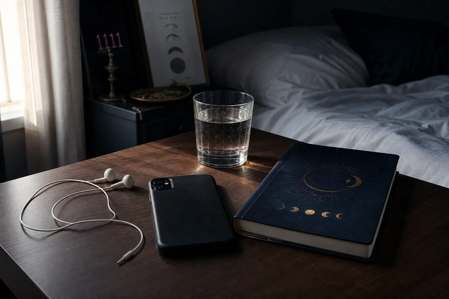 Headphones beside journal in quiet morning light