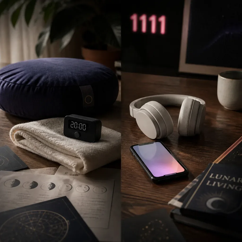 Meditation cushion and headphones on quiet table