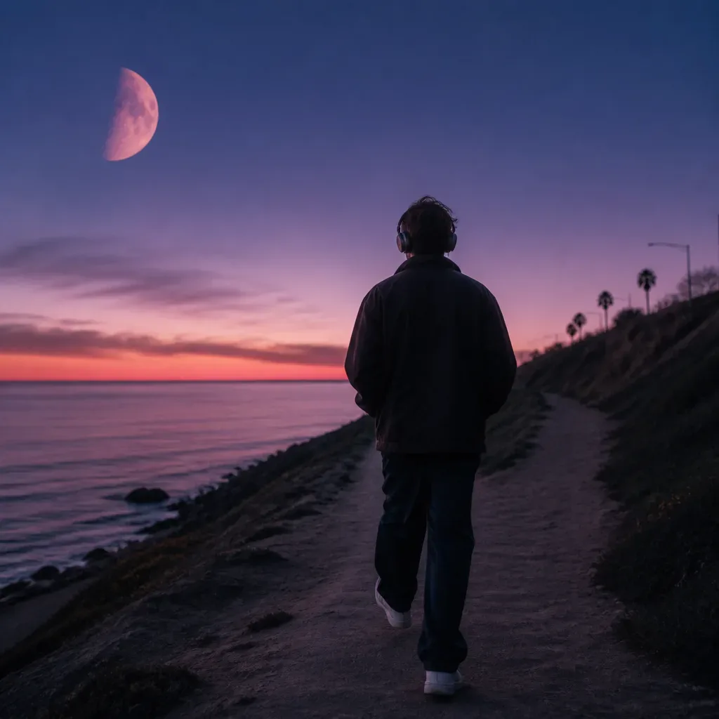 Person walking at dawn with small headphones