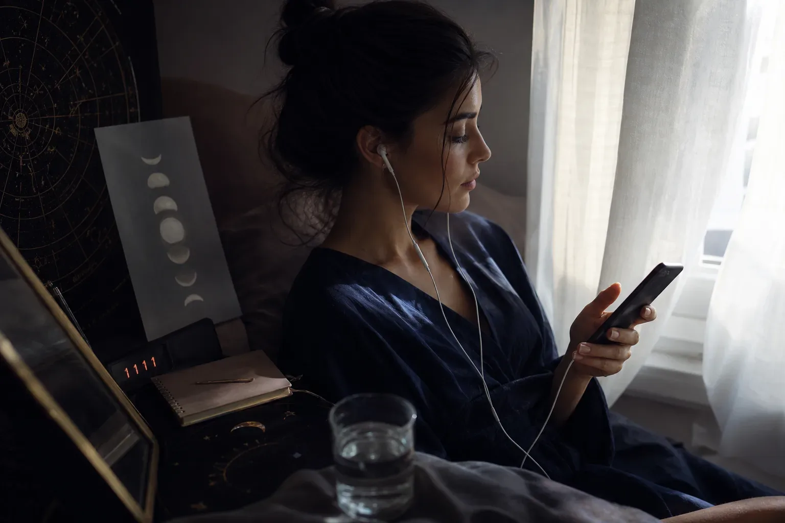 Woman listening quietly beside a morning window