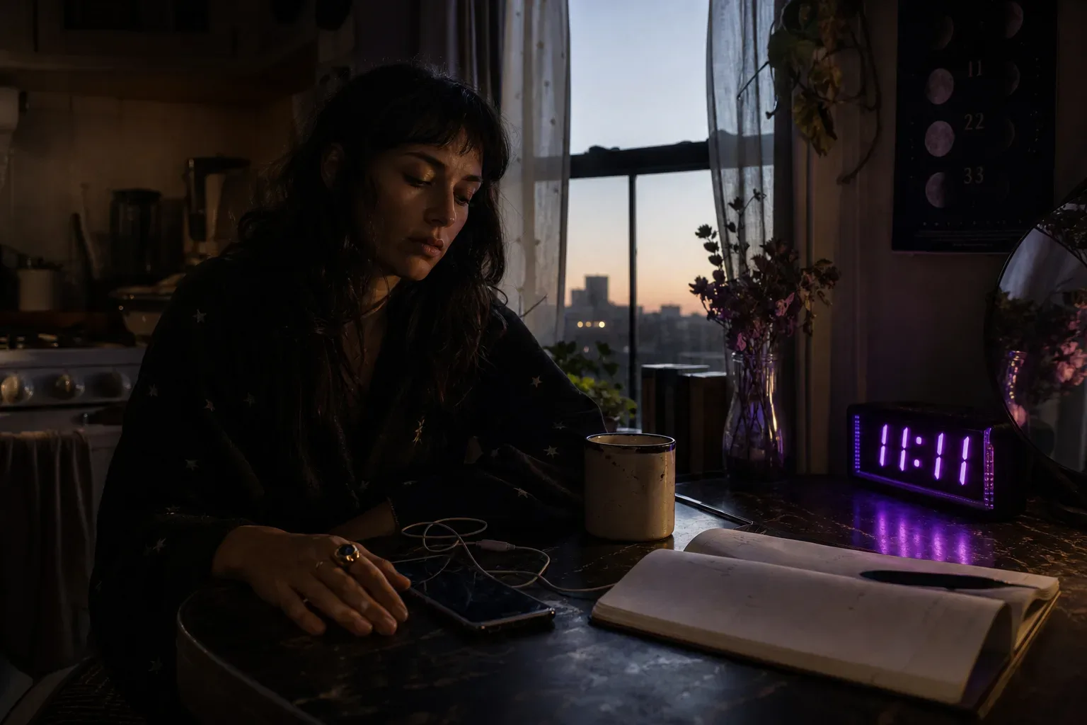 Woman listening quietly beside a morning window