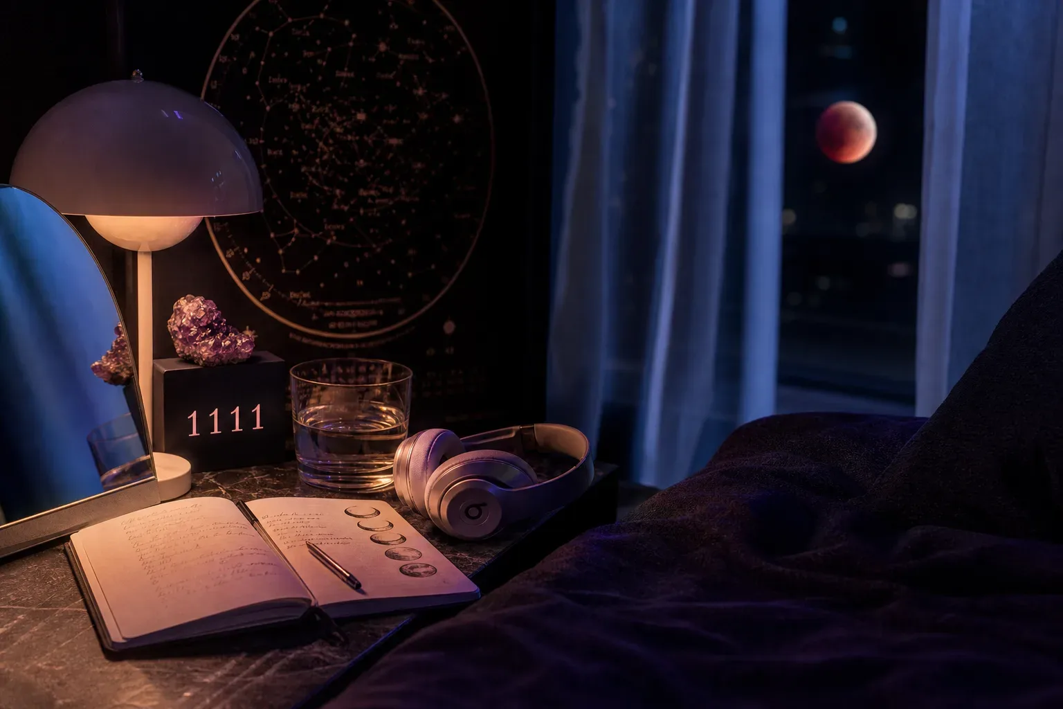 Moonlit headphones beside a small bedside notebook