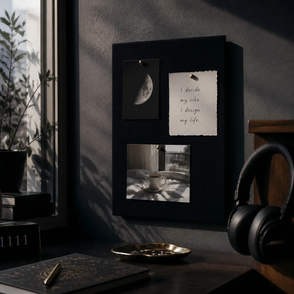 Small manifestation board beside hanging headphones