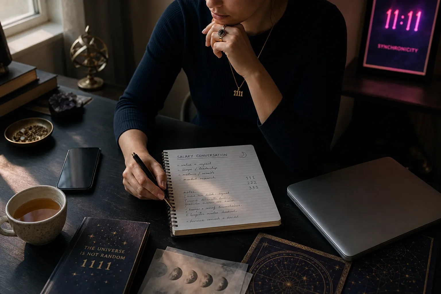 Person preparing salary notes beside a quiet phone