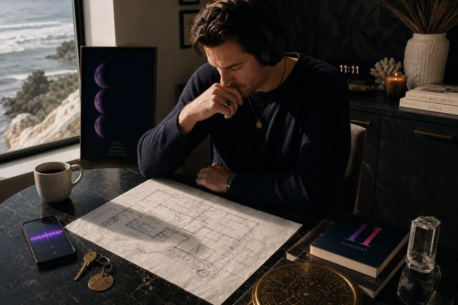 Person listening beside a sketched dream home plan