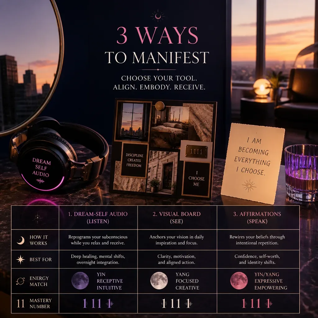 Headphones vision board and affirmation card on desk