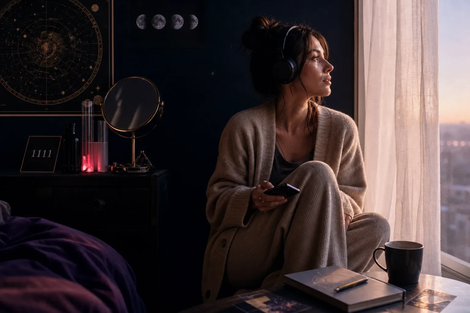 Woman listening to audio beside a quiet window