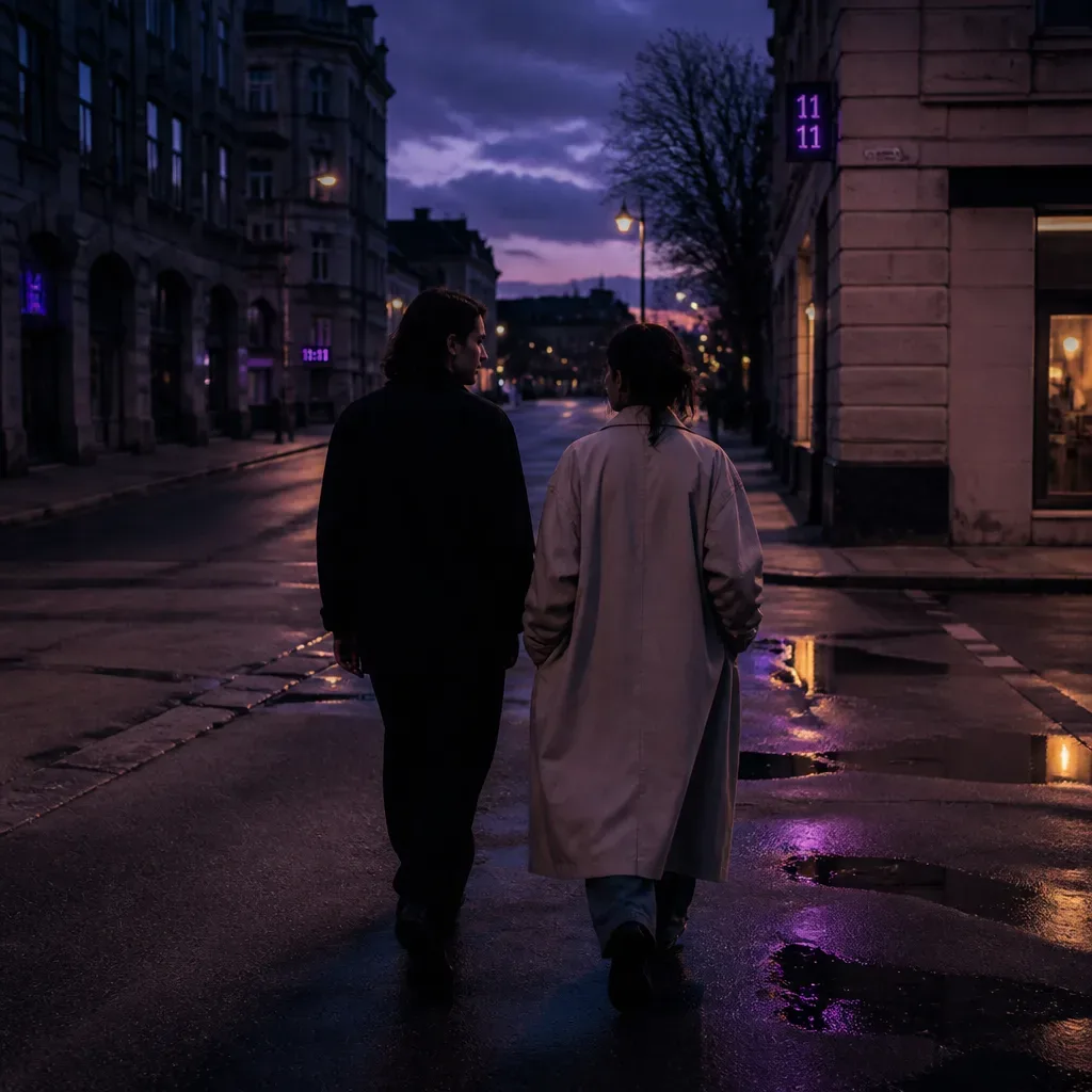 Two people walking calmly after rain