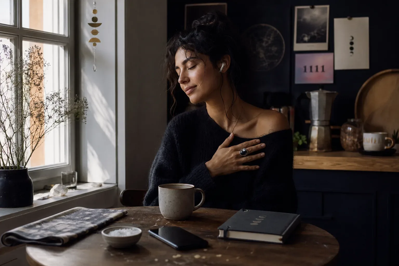 Woman listening quietly beside a warm kitchen window