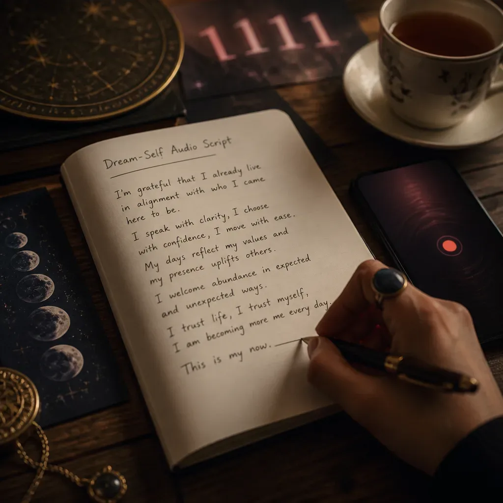 Notebook with Dream-Self audio script beside tea