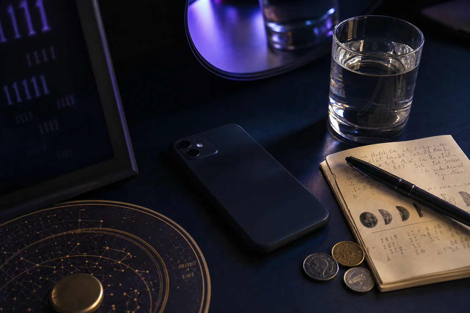 Phone beside notebook and coins in morning light