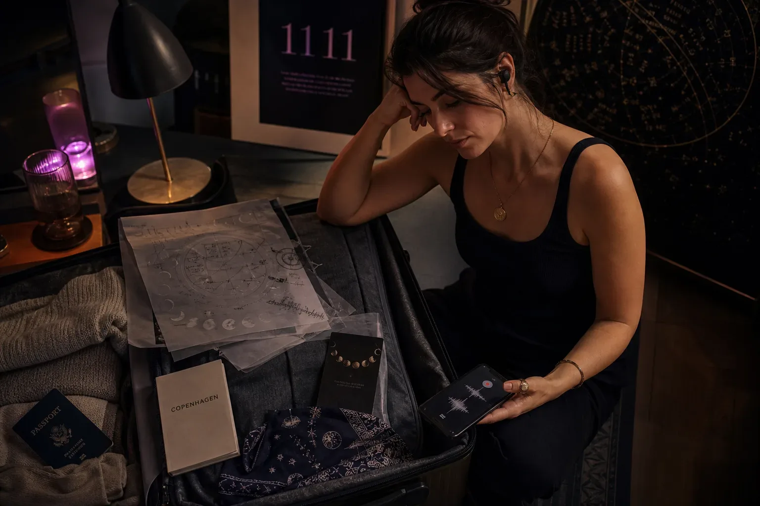 Woman listening to audio beside an open suitcase