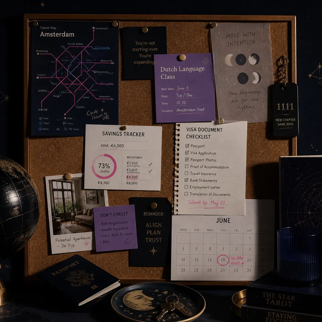 Manifestation board with maps and visa notes