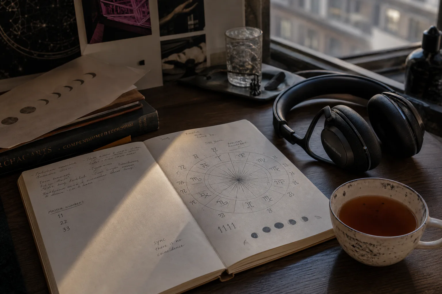 Zodiac wheel beside headphones on a quiet desk