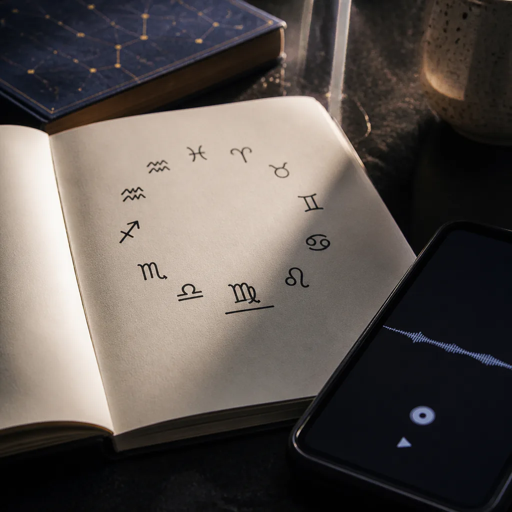 Notebook with zodiac prompts beside an audio screen