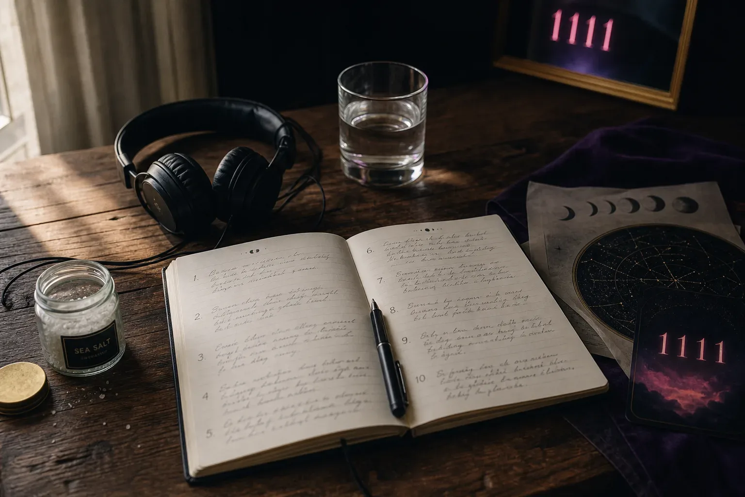 Notebook, salt jar, and headphones on a kitchen table