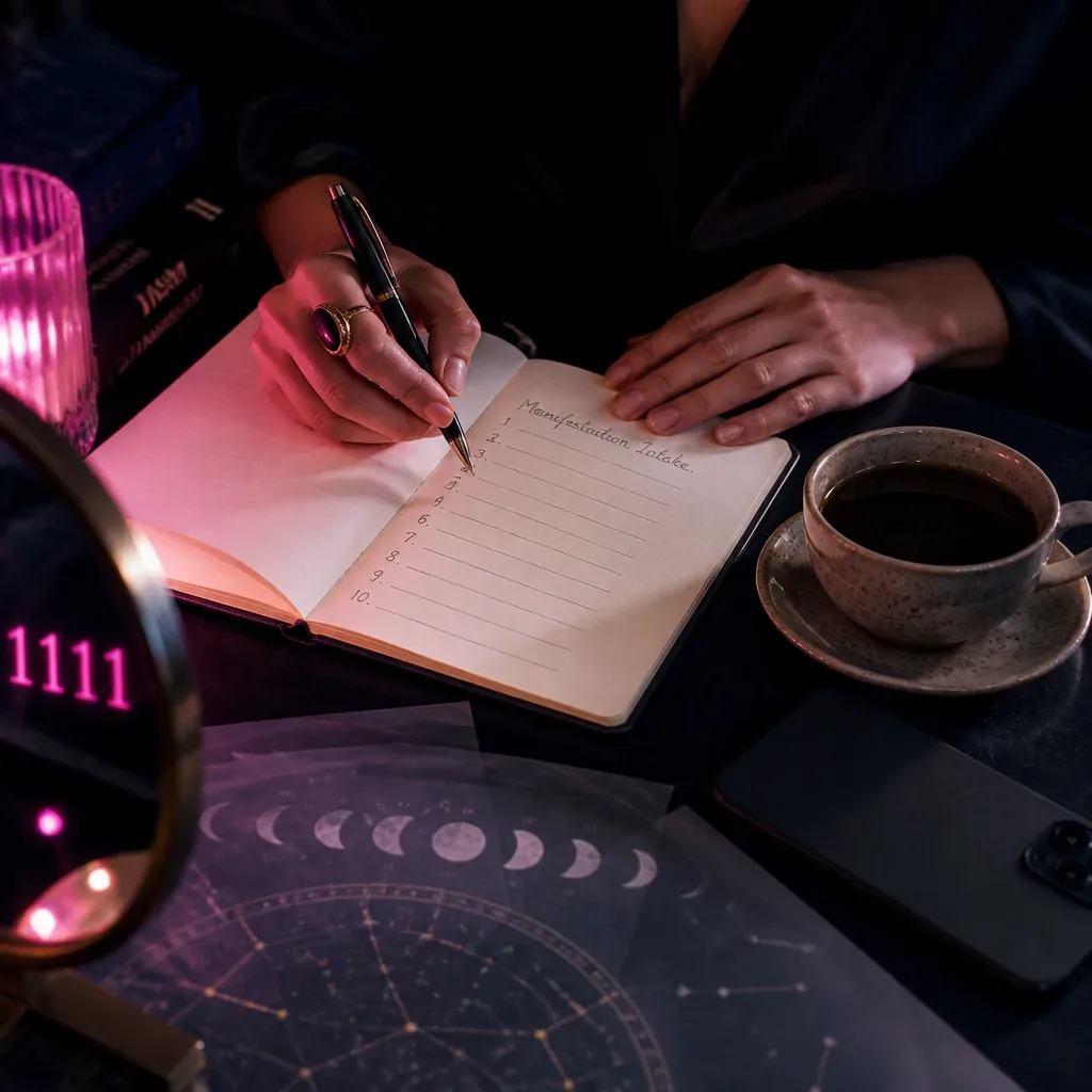Hands writing numbered prompts beside tea