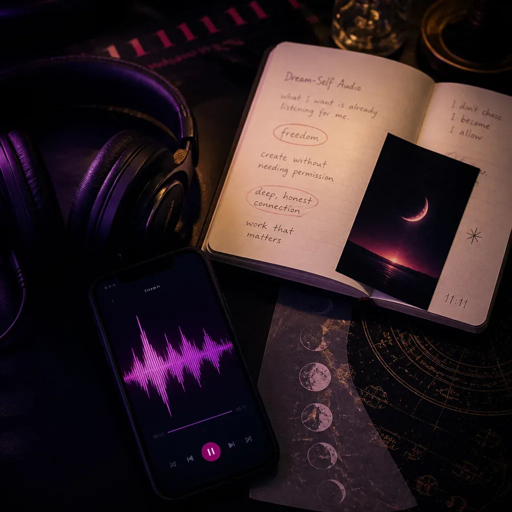 Headphones, audio waveform, and handwritten intake notes