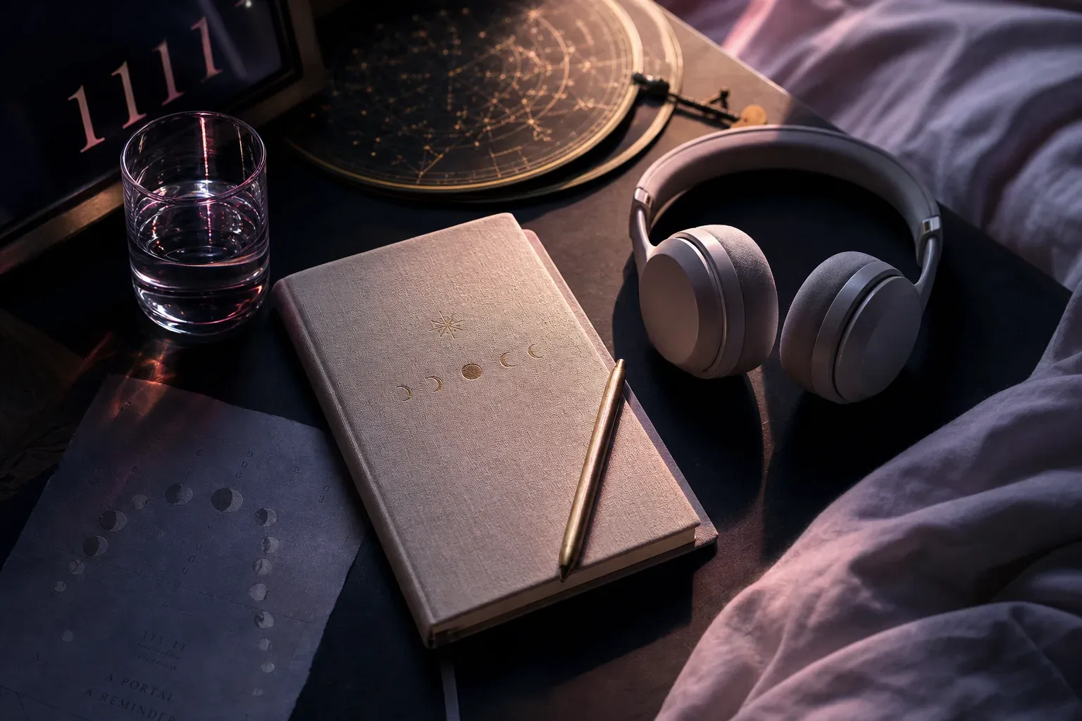 Notebook and headphones on a quiet bedside table
