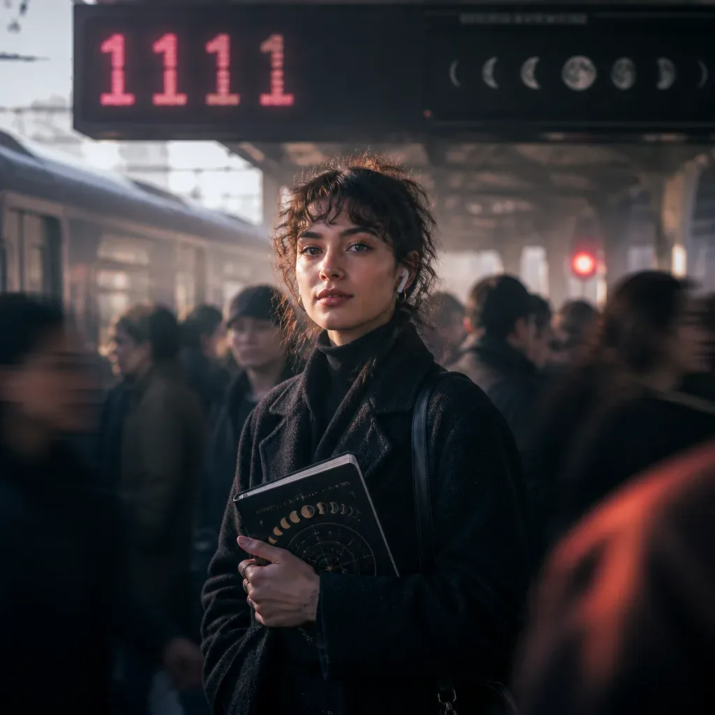 Commuter listening with eyes open on a platform
