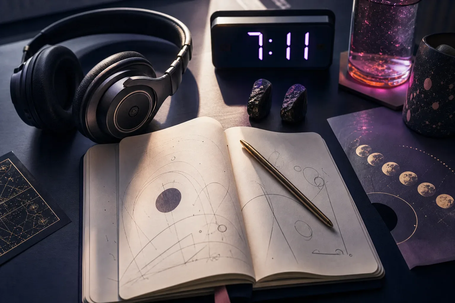Headphones beside journal under morning numerology clock