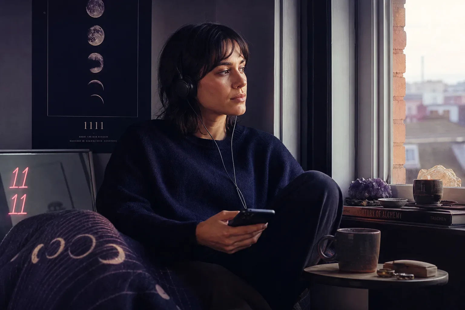 Person listening quietly beside a morning window
