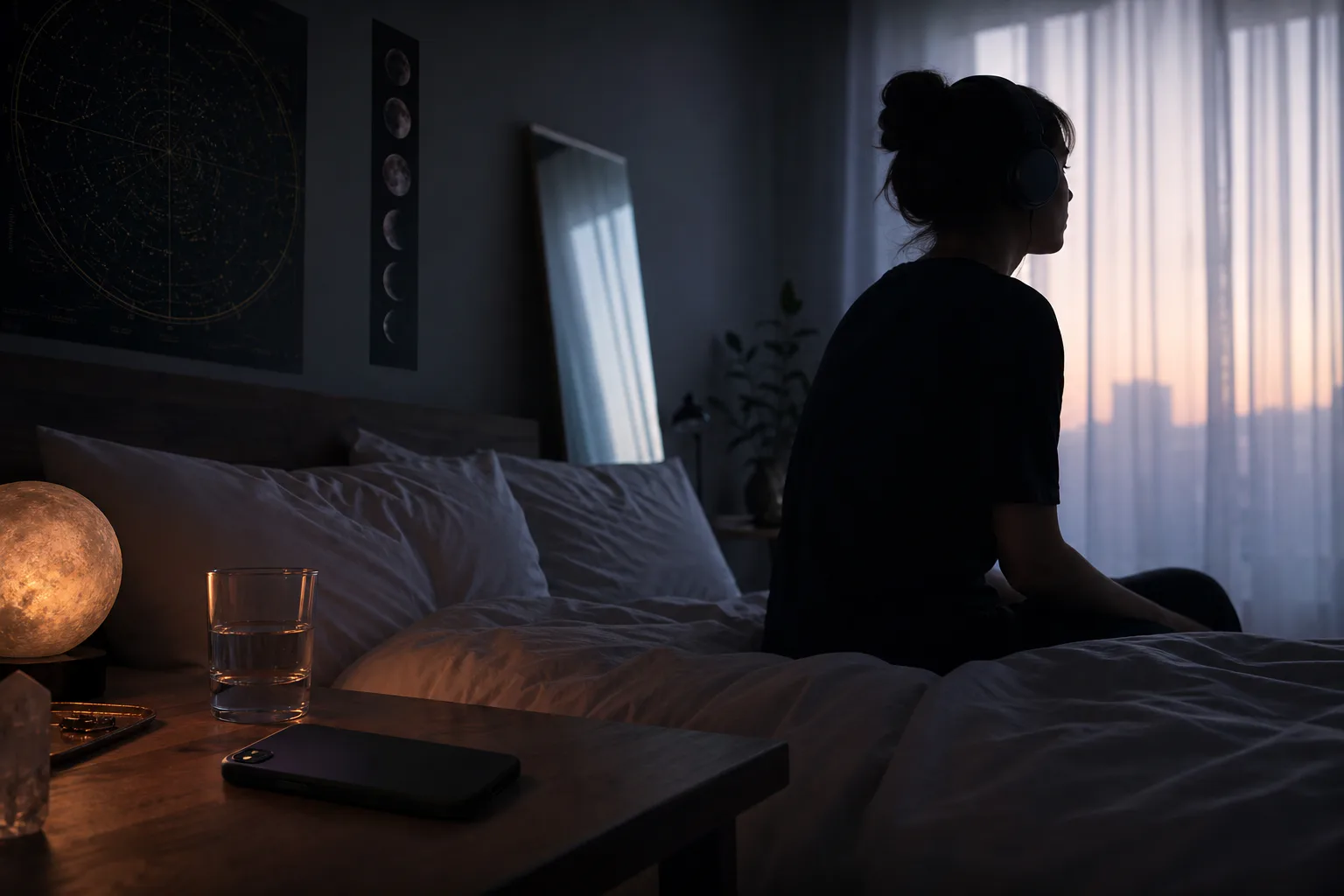 Person listening quietly beside a window at dawn