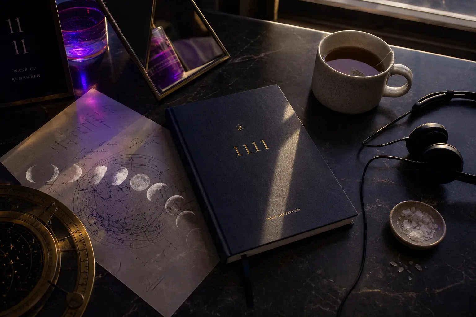 Notebook, tea, and headphones on a quiet table