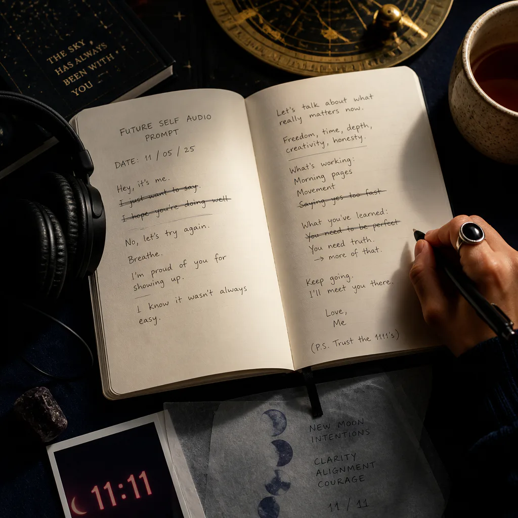 Notebook with future-self love prompt and headphones