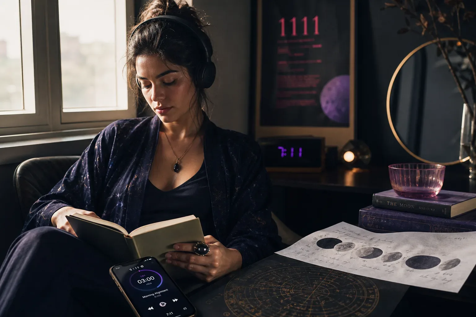 Woman listening to audio beside morning window