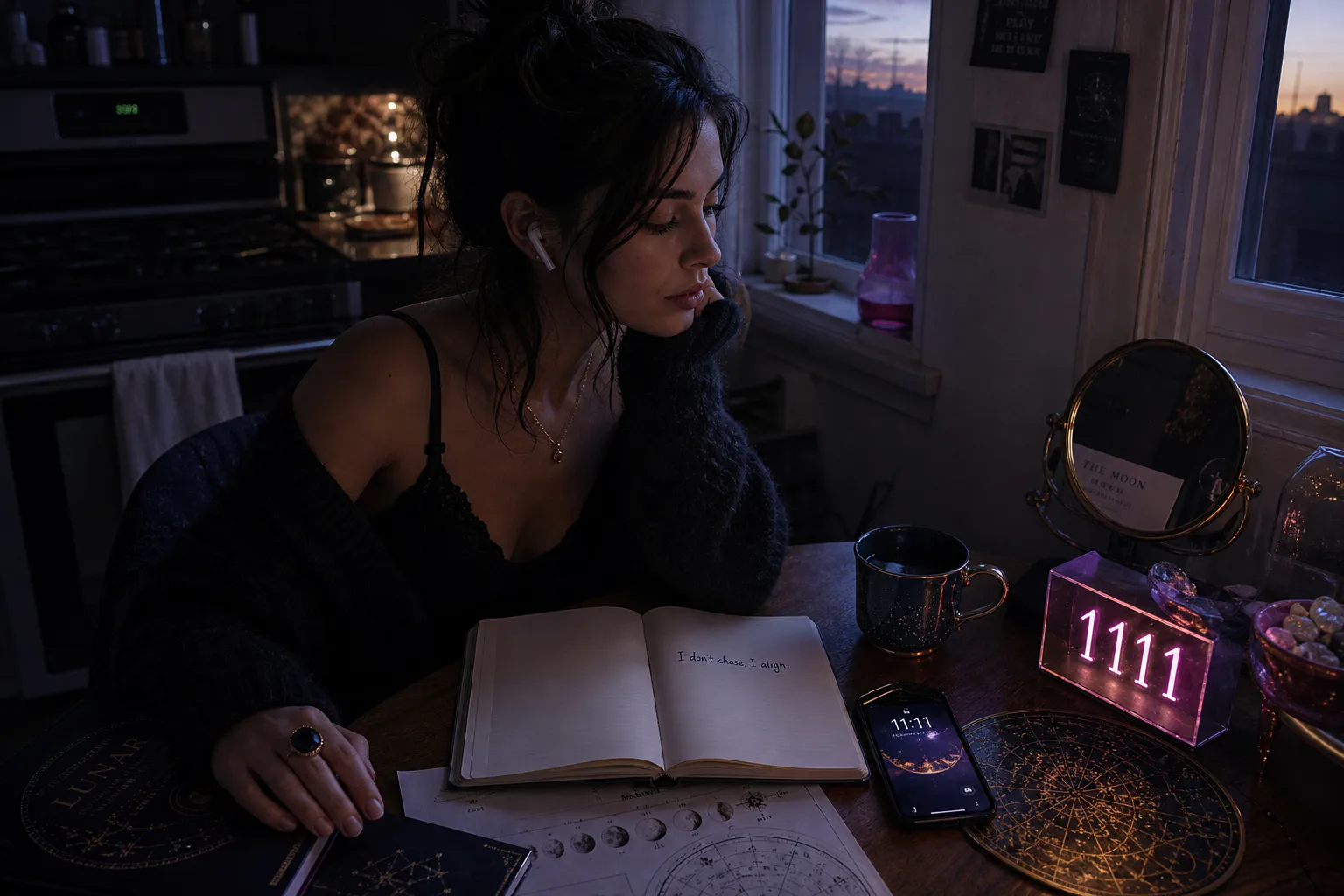 Woman listening quietly beside a window at dawn