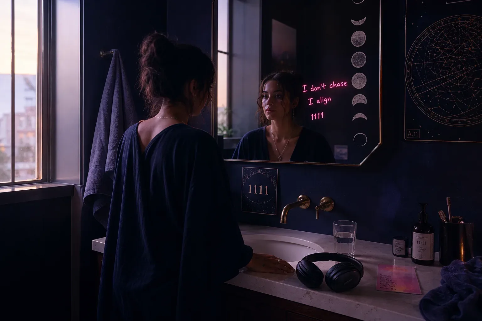 Person standing before mirror with headphones nearby