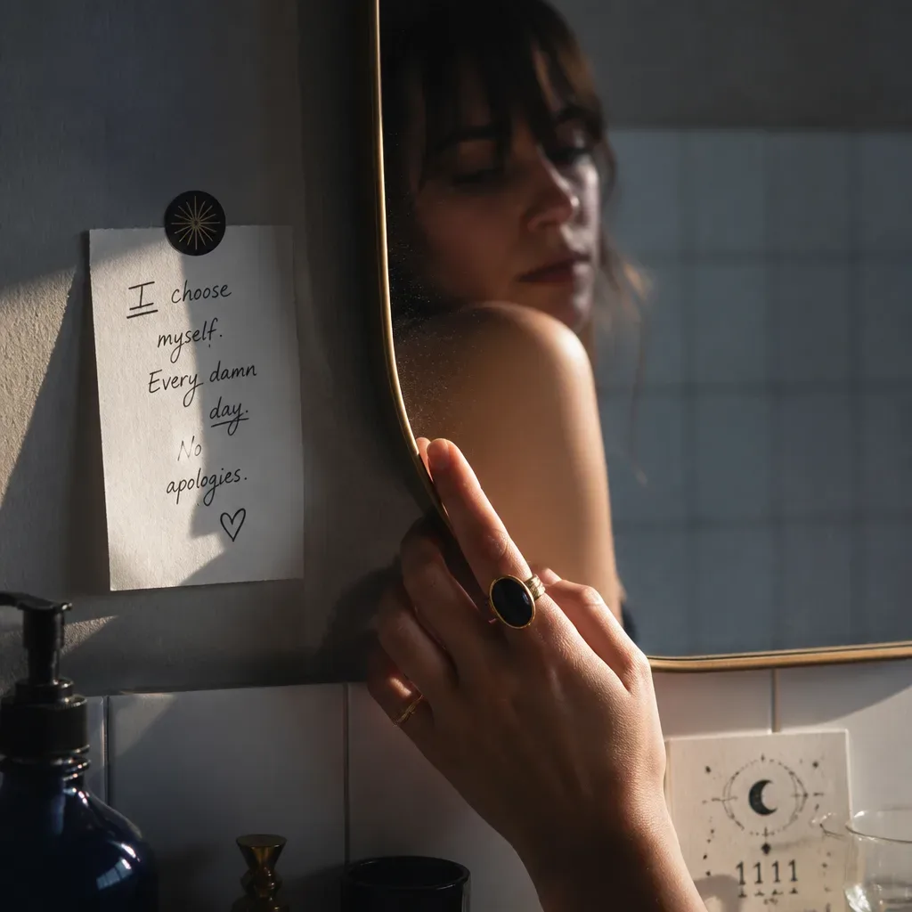 Handwritten affirmation beside a quiet bathroom mirror