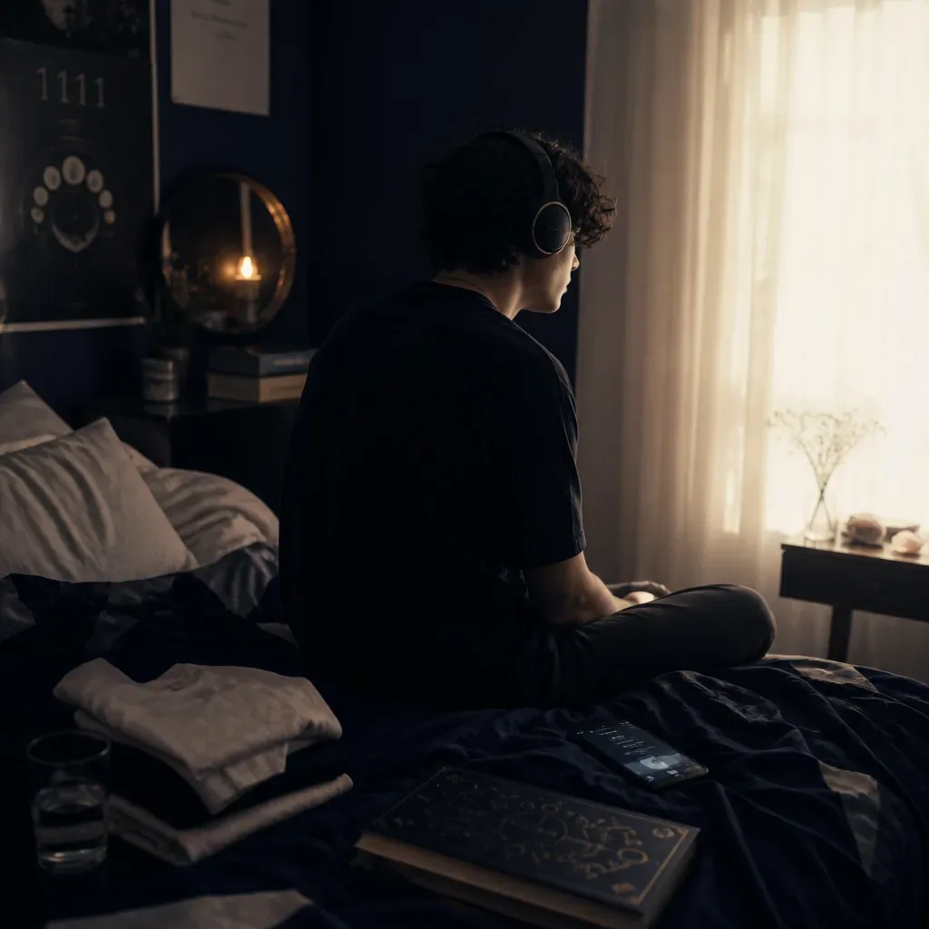 Person listening to future-self audio on bed