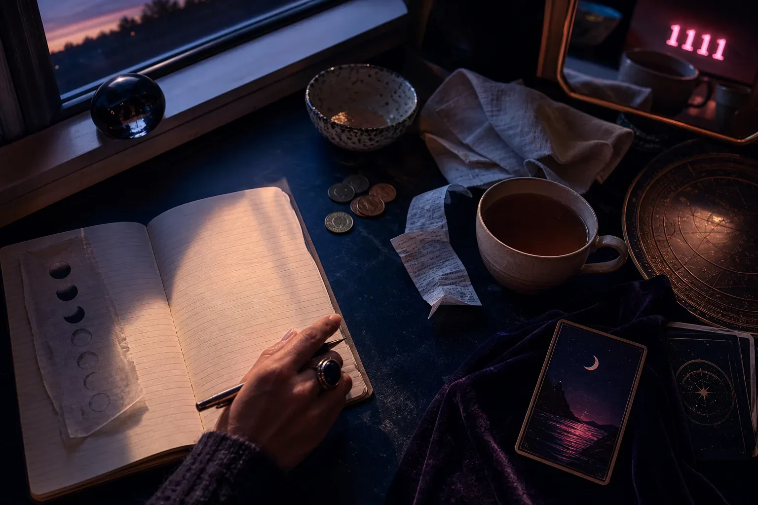 Open notebook beside coins and a cup of tea
