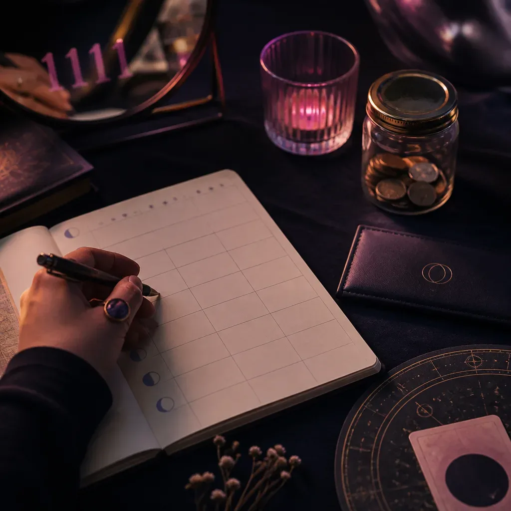 Notebook tracker with coins and a pen