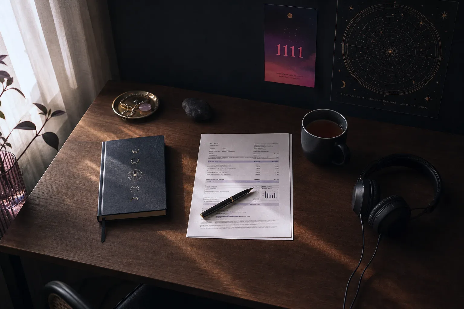 Quiet desk with bills, tea, and headphones