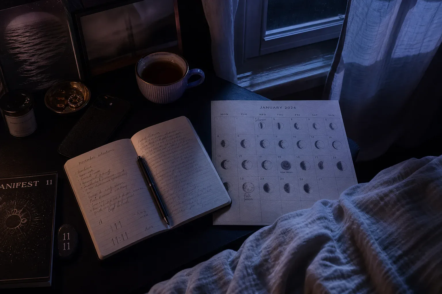 Moonlit phone beside a notebook and tea