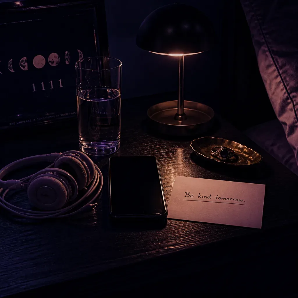 Headphones and phone prepared on bedside table
