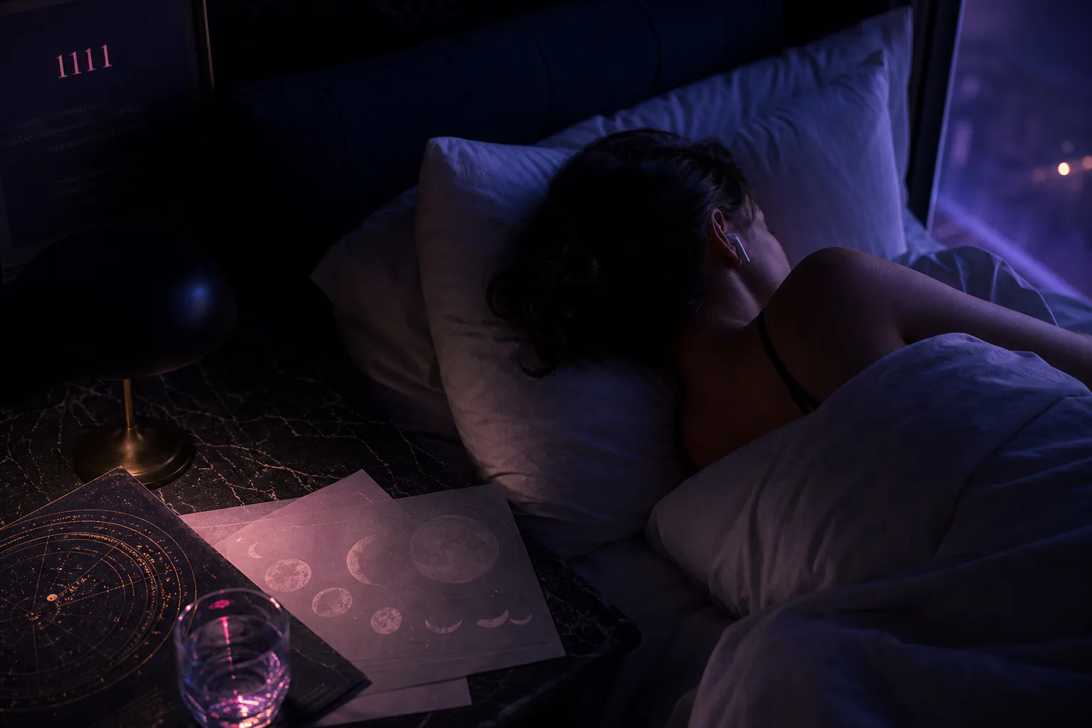 Person listening to audio in a dark bedroom