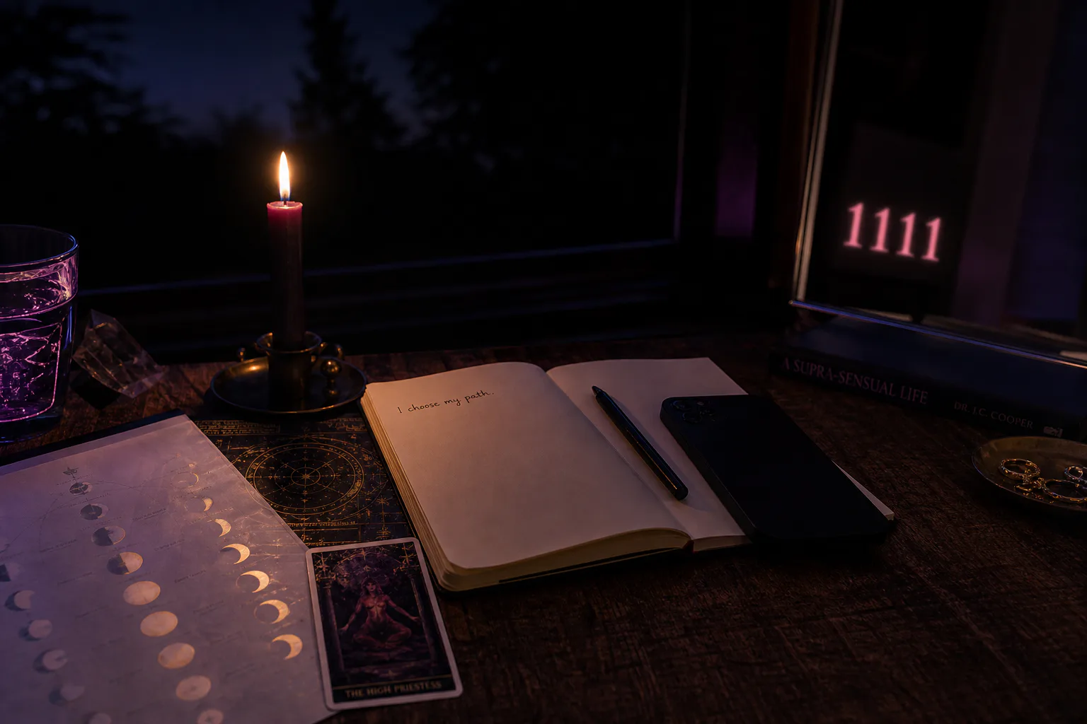 Candlelit notebook beside a dark window