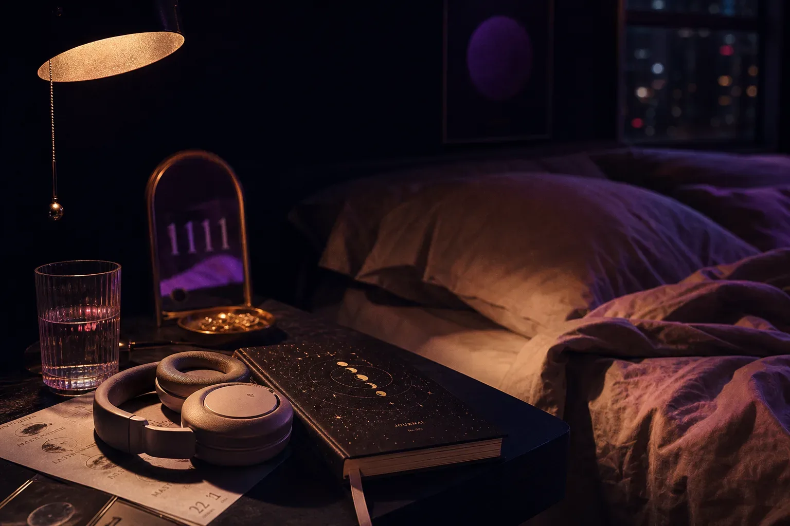 Bedside headphones beside a dim lamp and notebook