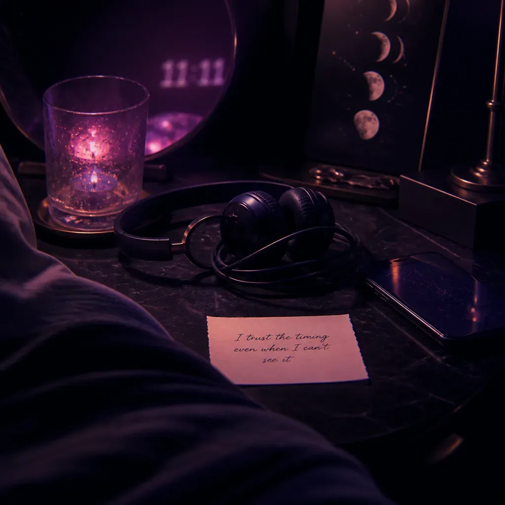 Headphones and one note beside a sleeping bed